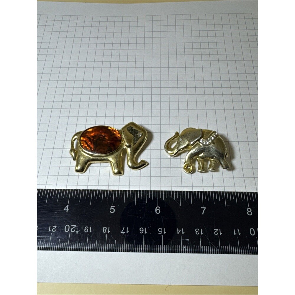 Lot of 2 Vintage Elephant Brooch Pin Gold Tone Enamel Rhinestones Detail